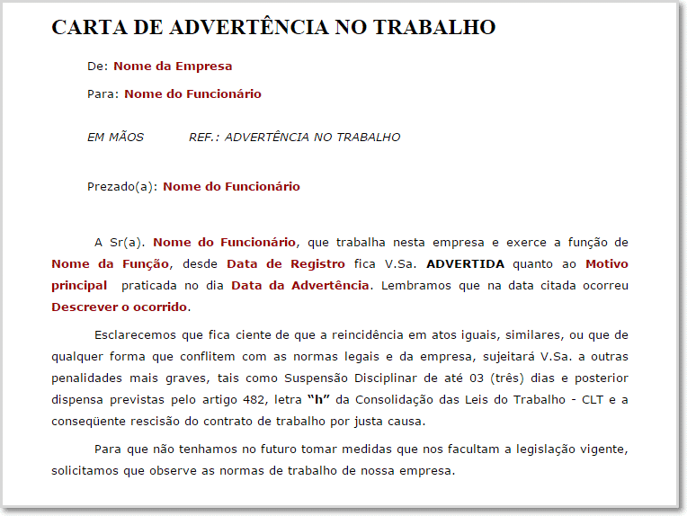 Modelo de carta de advertência no trabalho  Seo Martin